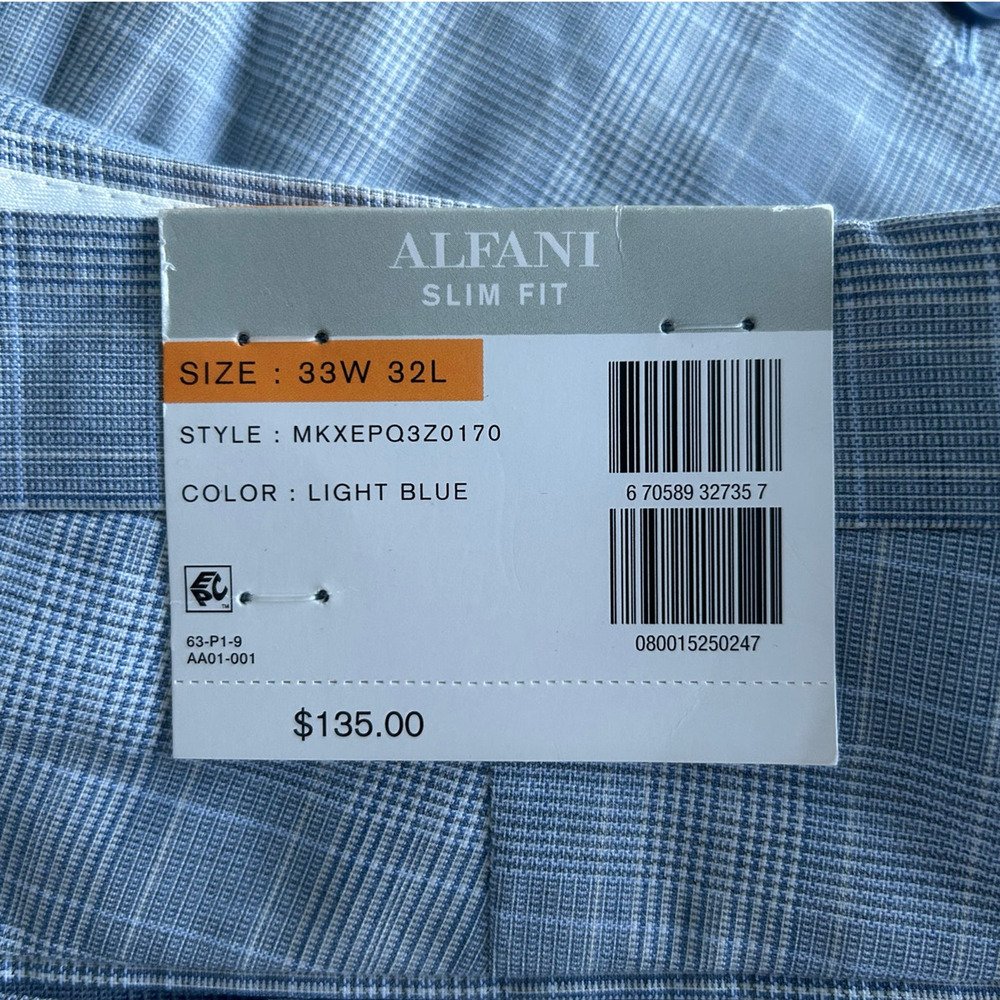 NWT Alfani Slim-Fit Plaid Suit Pants, Light Blue, Men's 33W x 32L - Picture 2 of 5